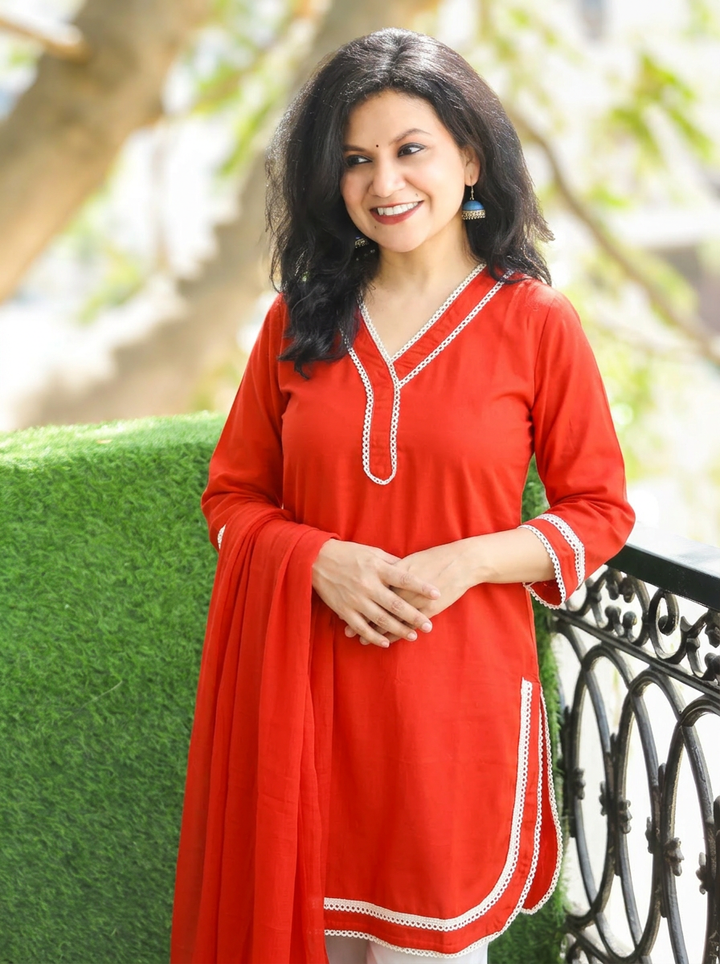 Ahana Reddish Orange Lace Work Farsi Cotton 3 Piece Set