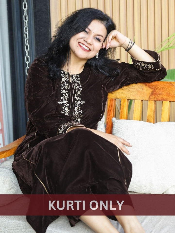 Yakshani Choco Brown Round Neck Embroidered Neck and Sleeve Velvet Winter Kurti