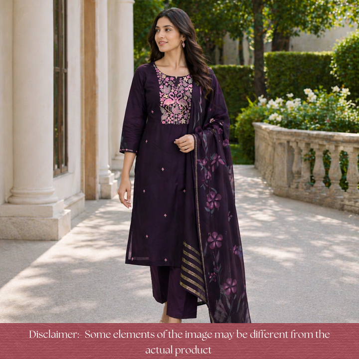 Patrani Night Black with Bird Emboirdered Neck Work Modal Suit Set