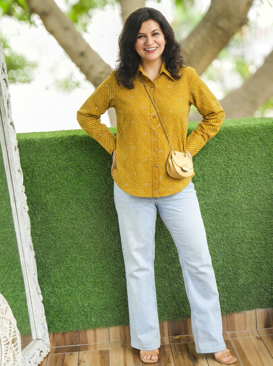 Leher Dijon Yellow Leheriya Print Wood Button Cotton Shirt
