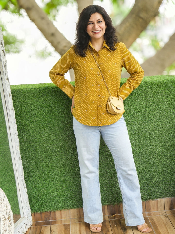 Leher Dijon Yellow Leheriya Print Wood Button Cotton Shirt