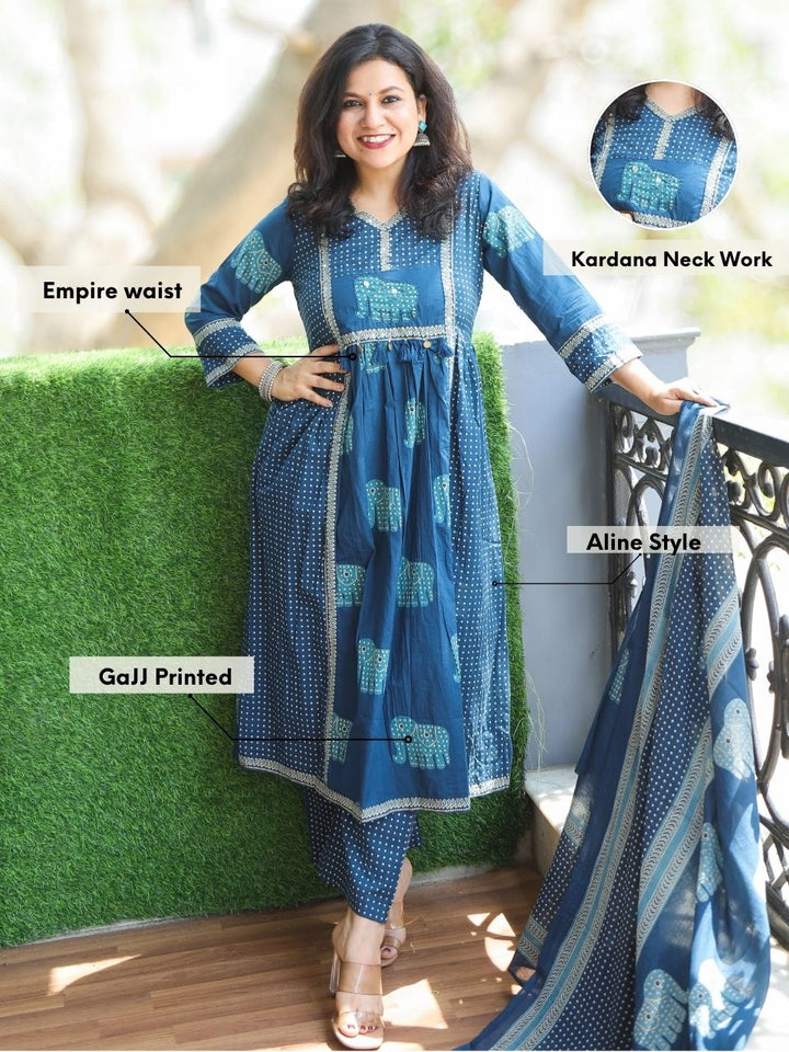 Pankhudi Cerulean Blue Kardana Embellish Neckline Gajj Printed Cotton 3 Piece Set