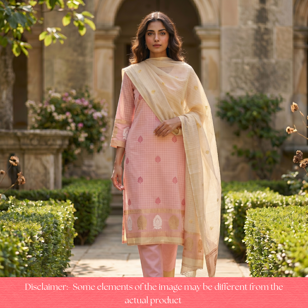 Vaniya Baby Pink Checked with Zari Weaved Hem Cotton Silk Set