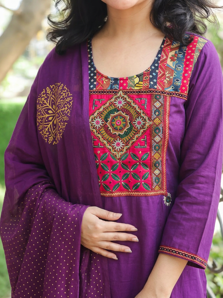 Arya Jamuni Purple Kutch embroidery Modal 3 Piece Set