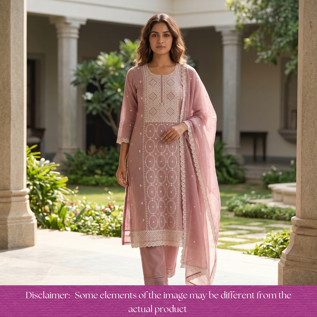 Vamika Helio Mauve Embroidered with Patra Panel Mul Chanderi Set