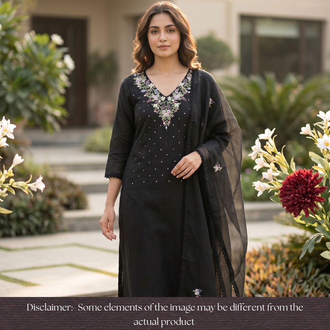 Brishta Black Kolkata Hand Embriodered Kota Doriya Set