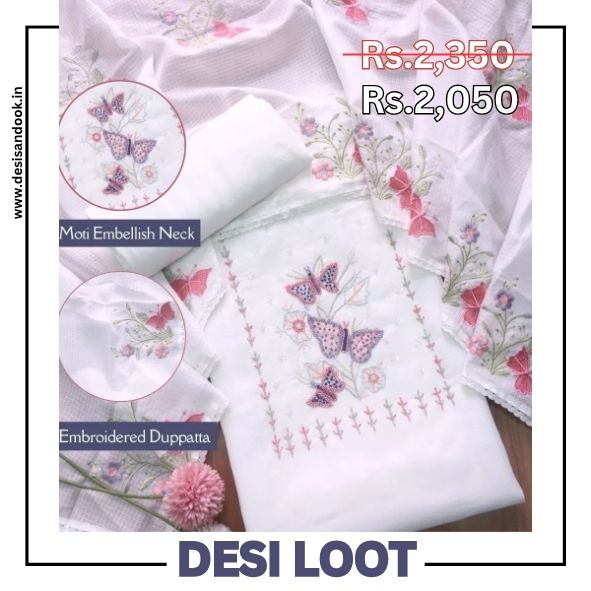 Ranjha Pearl White Moti Embellish Neck Work Kota Doriya Suit Set