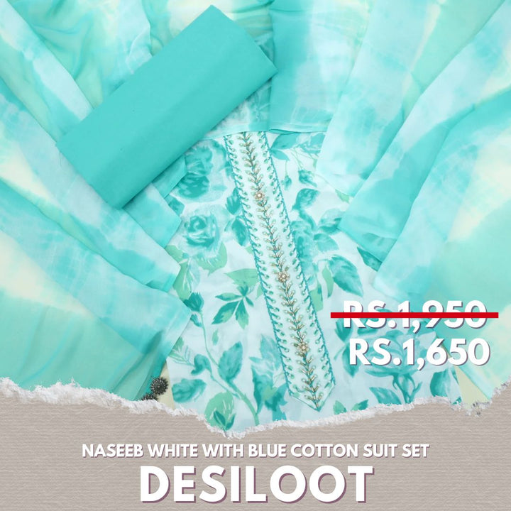Naseeb White with Blue Floral Print Kardana with Moti Work Cotton Suit Set