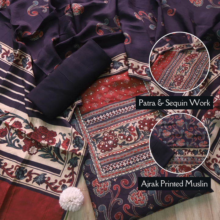 Newari Shadow Black All Over Ajrak Printed Muslin Suit Set