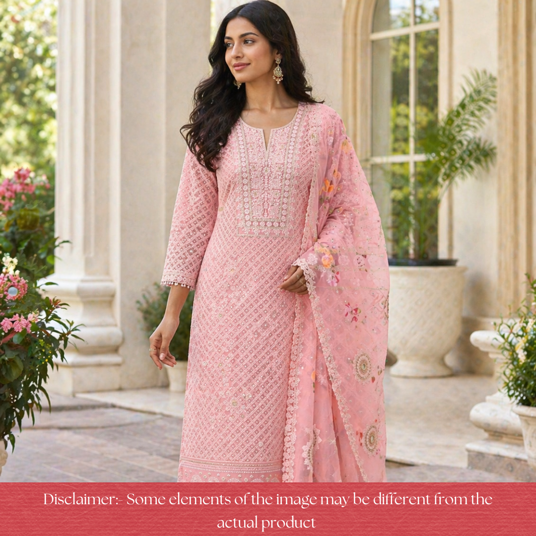 Nushrat Tulip Peach All Over Thread Work Georgette Set
