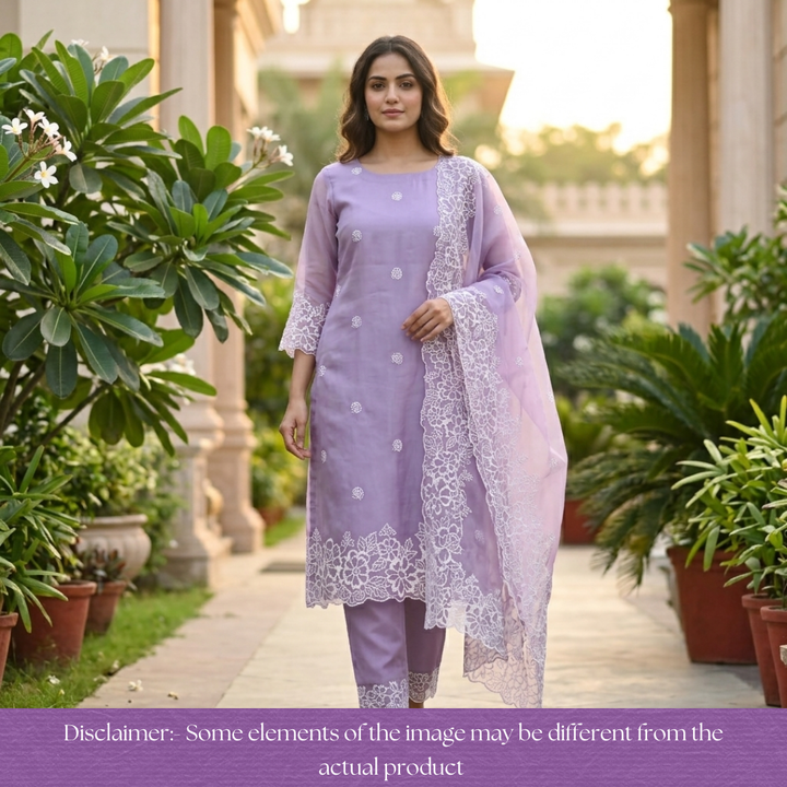 Ragini Purpleish Grey Cross-Stitch Hem Work Glass Organza Set