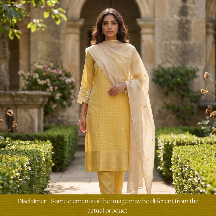 Vaniya Butter Yellow Checked with Zari Weaved Hem Cotton Silk Set