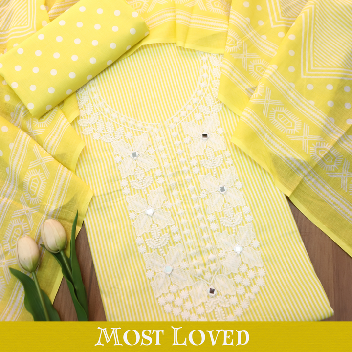 Aarshi Butter Yellow Embroidered Neck Stripe Printed Cotton Set