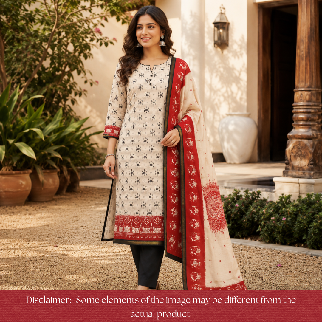 Parineeti Sand Beige Tribal Folk Art Printed Maheswari Chanderi Set