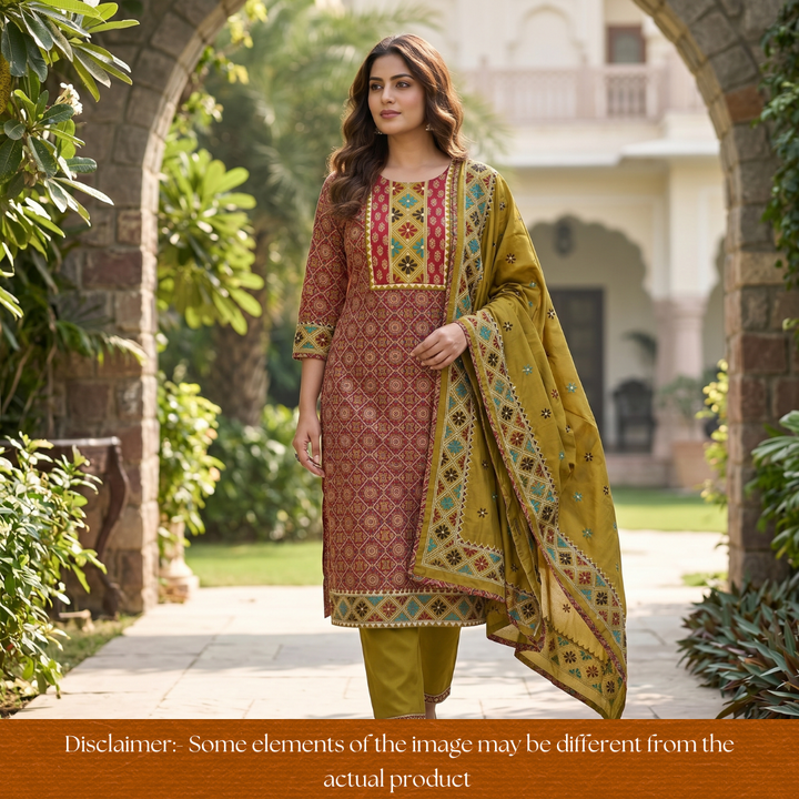 Nina Wine Embroidered Neck Yoke with Ajrak Print Cotton Set
