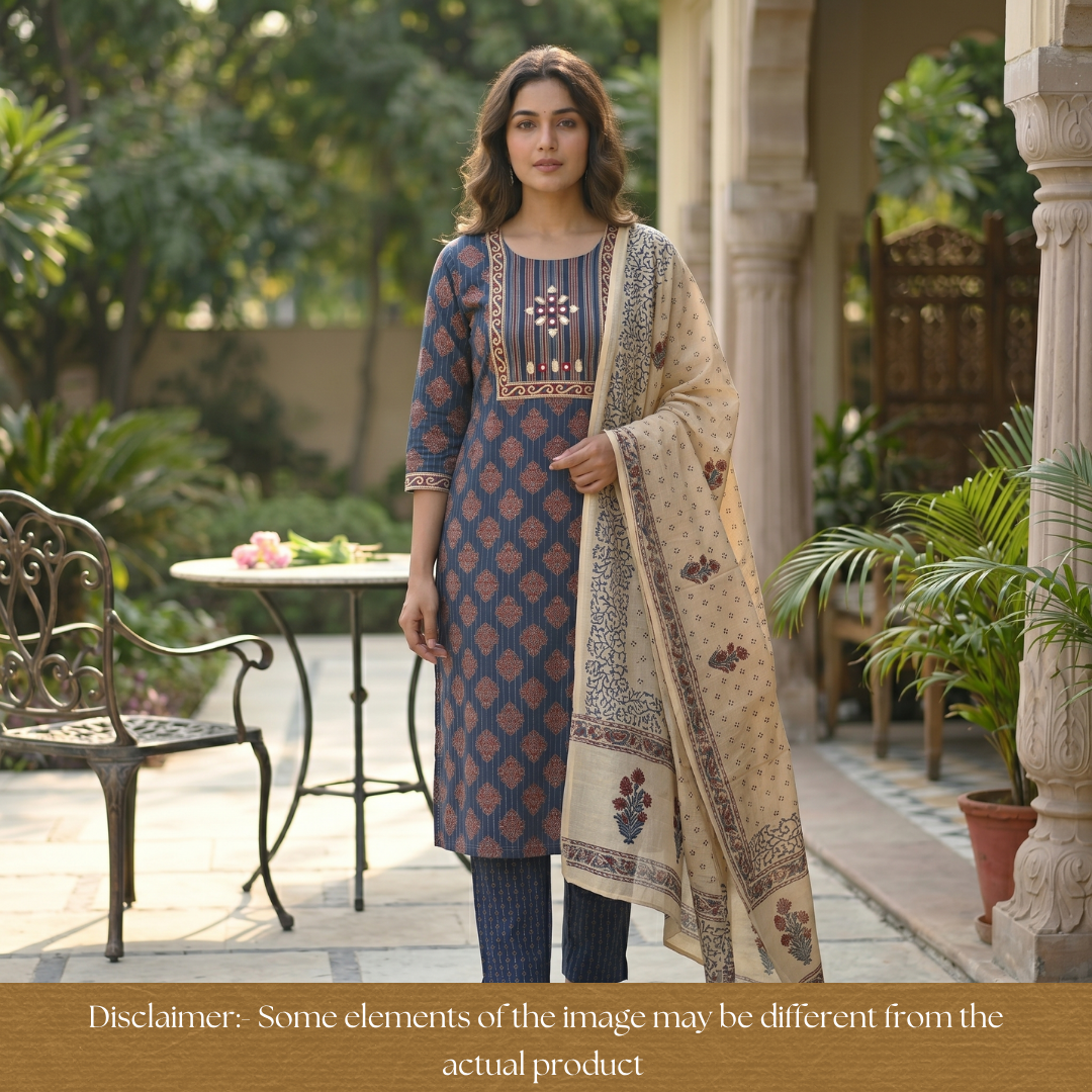 Seyri Blue Kutch Patch with Mirror Work Ajrakh Print Cotton Set
