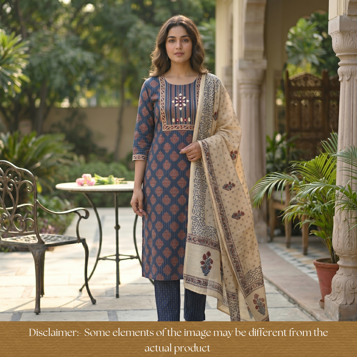 Seyri Blue Kutch Patch with Mirror Work Ajrakh Print Cotton Set