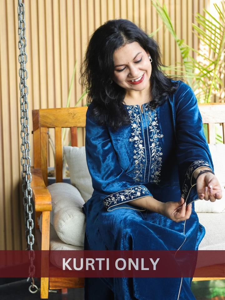 Yakshani Royal Blue Round Neck Embroidered Neck and Sleeve Velvet Winter Kurti