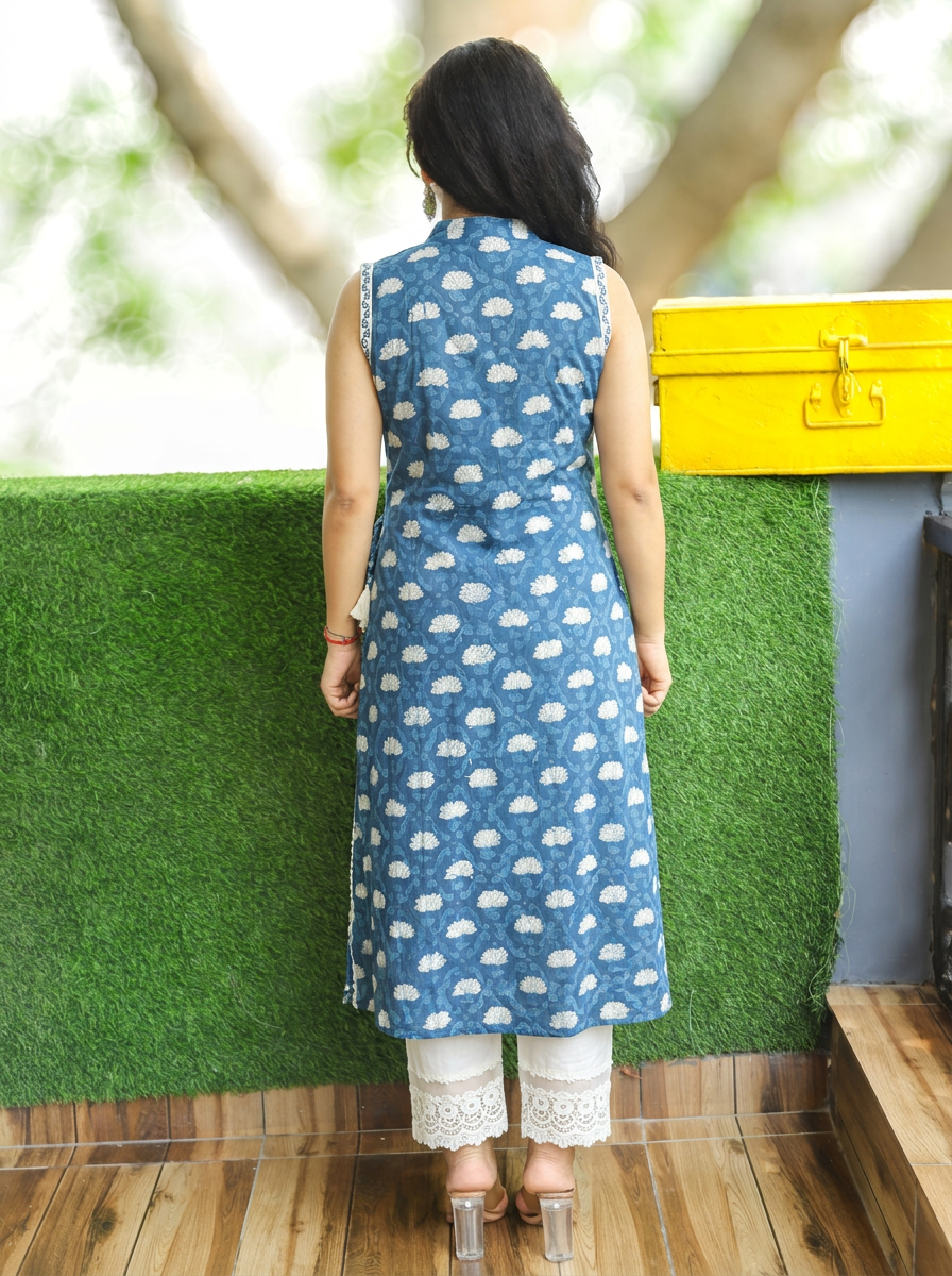 Varsha Indie Blue Angrakha Dabu Print Cotton Kurti