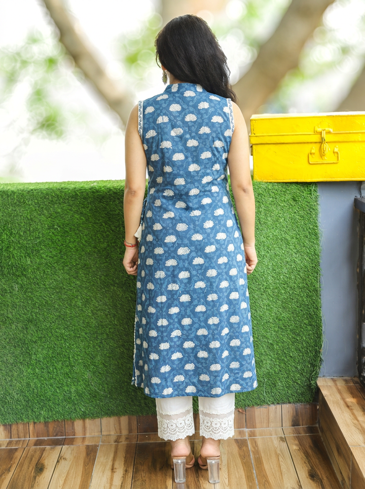 Varsha Indie Blue Angrakha Dabu Print Cotton Kurti