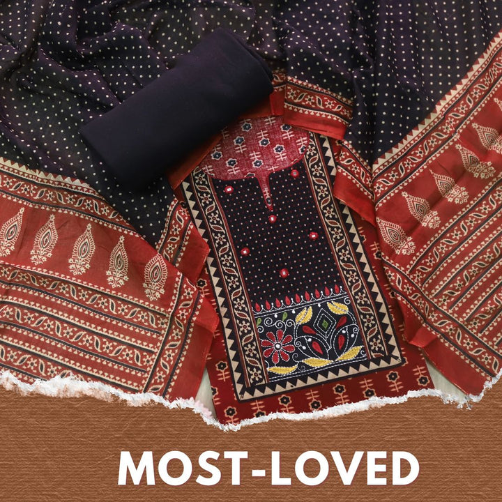 Sulari Marron Red Ajrak Printed Kutch Patch Neck Cotton Suit Set