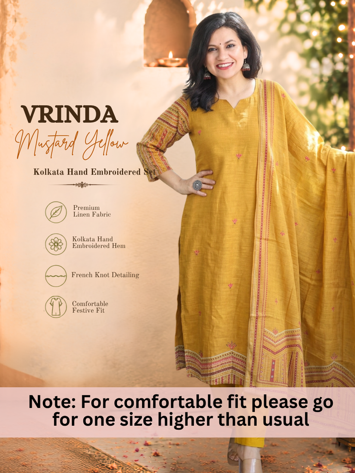 Vrinda Mustard Yellow Kolkata Hand Embroidered Linen 3 Piece Set