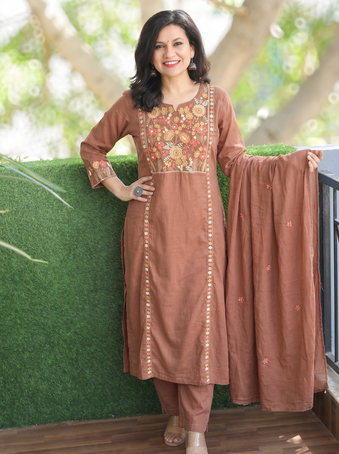 Rimjim Choco Brown Embroidered Mul Cotton Set