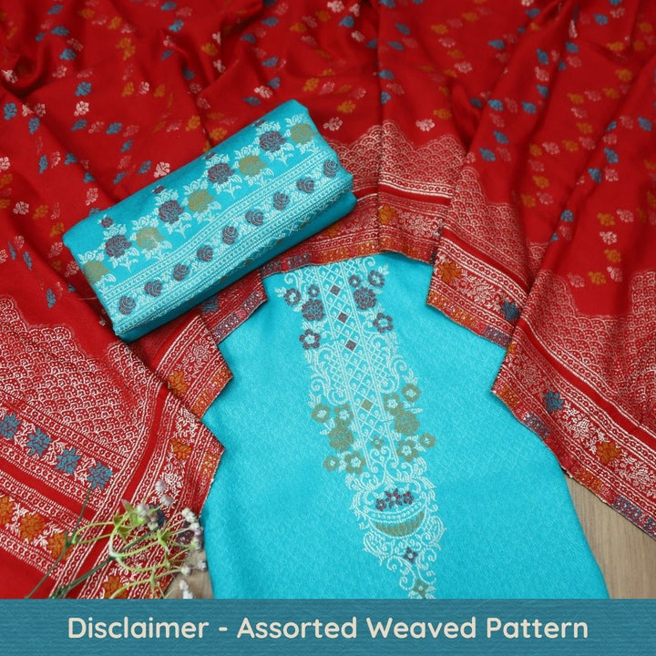 शिवानी Aqua Blue All Over Thread and Zari Weaved Semi Pashmina Winter Set