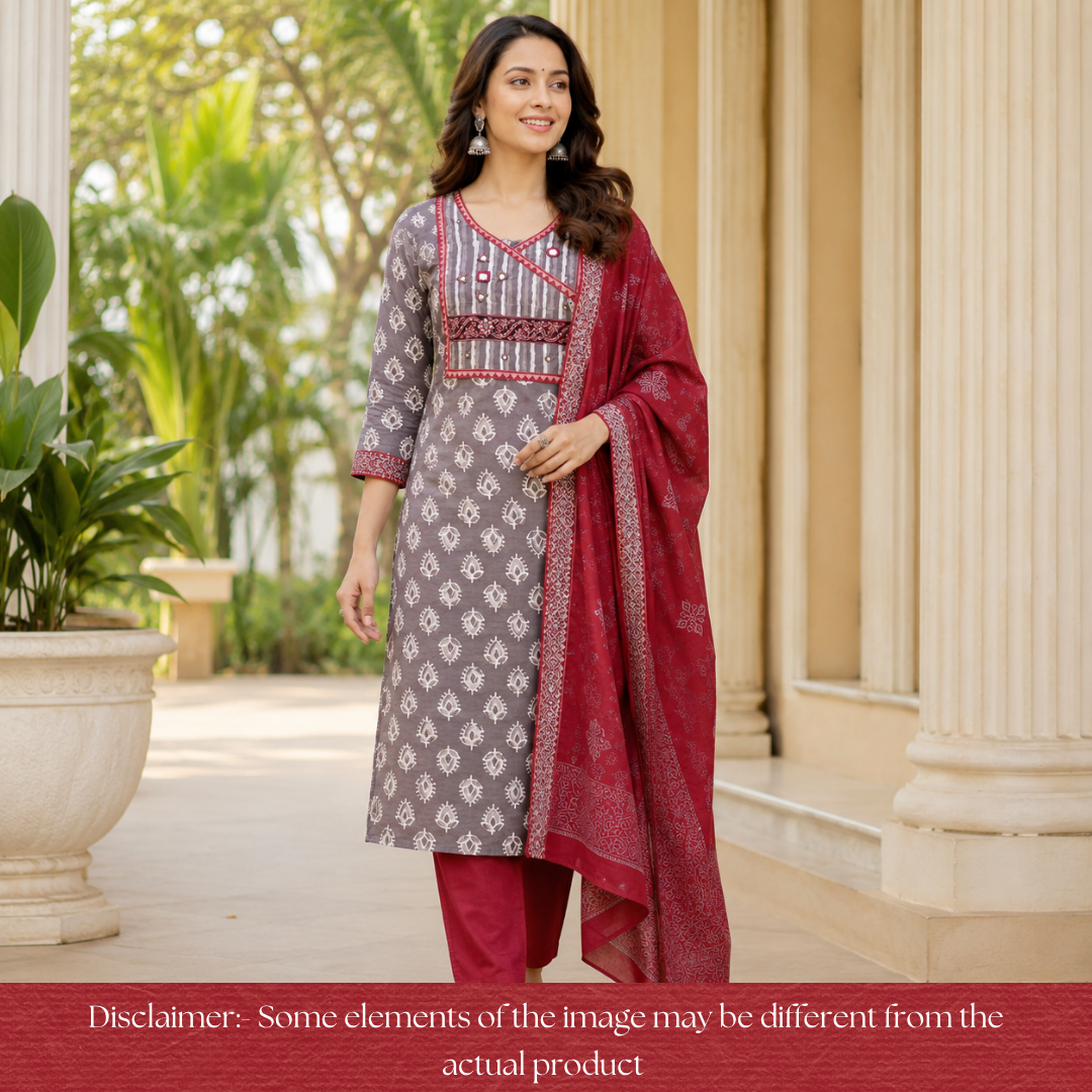 Kakaswi Hazel Beige Angrakha Kutch Neck  Printed Cotton Set D4