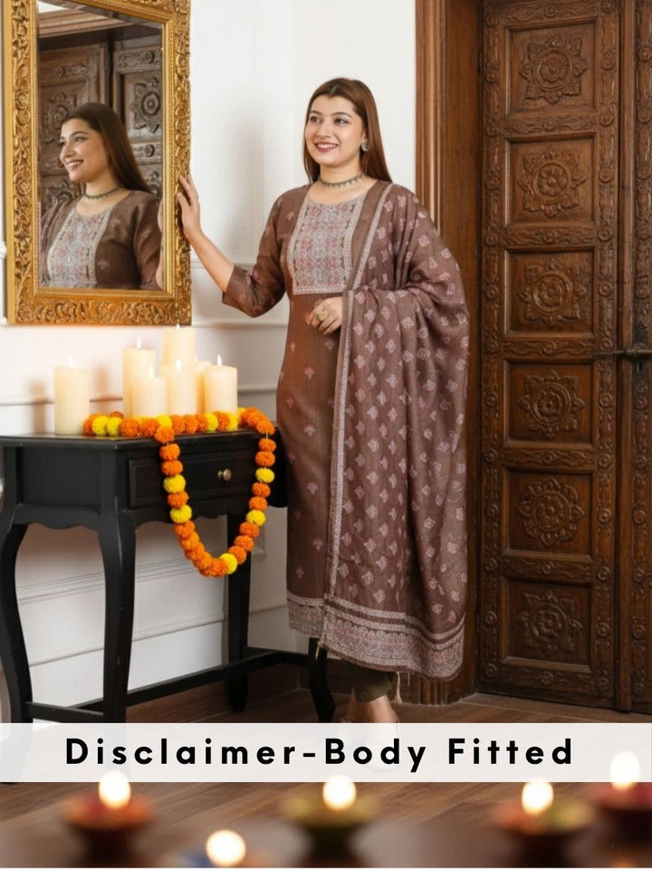 Khushi Tan Olive Digital Printed Neck with Kantha Detailing Chanderi 3 Piece Set