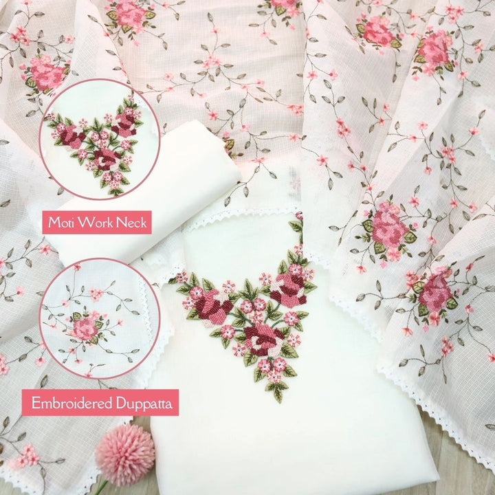 Noor Pearl White Thread Embriodered with Moti Work Kota Doriya Suit Set