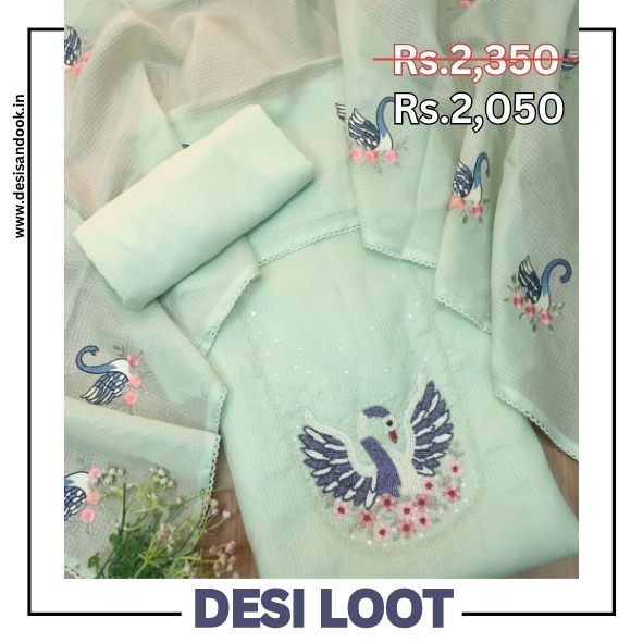 Sadhgi Minty Green Moti Work On Neck in Bird Style Kota Doriya Suit Set