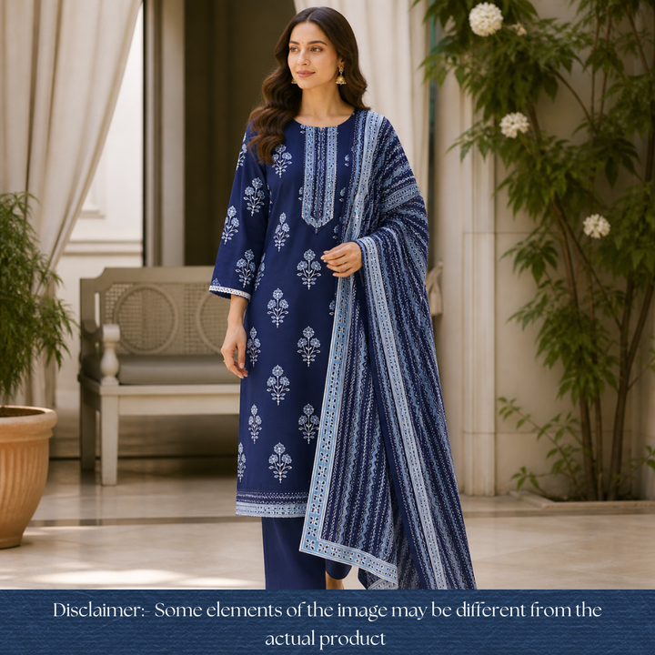 Soni Navy Blue Moti Work Patch Dabu Printed Cotton Set