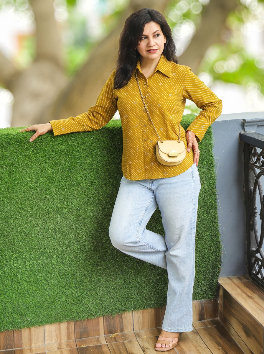 Leher Dijon Yellow Leheriya Print Wood Button Cotton Shirt