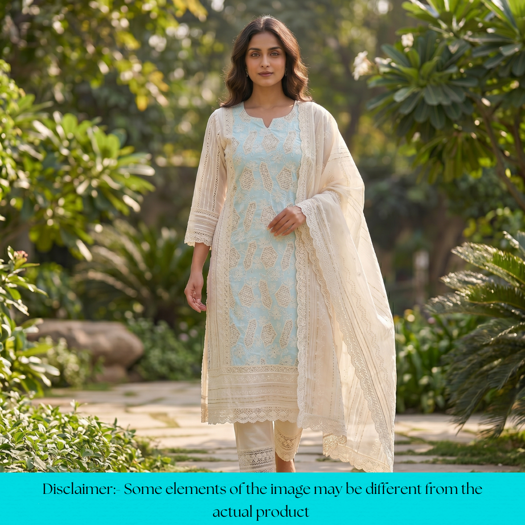Rushali Ice Blue Cut Work in Cord Embroidered Panel Style Cotton Set
