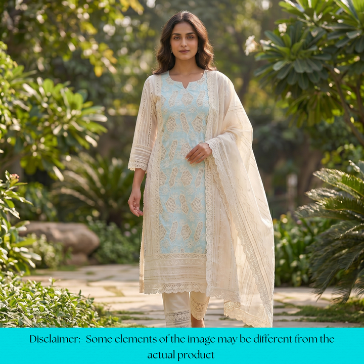 Rushali Ice Blue Cut Work in Cord Embroidered Panel Style Cotton Set