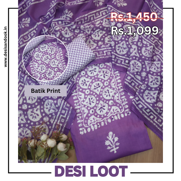 Nazara French Violet Moti Work in Batik Print Patch Cotton Suit Set