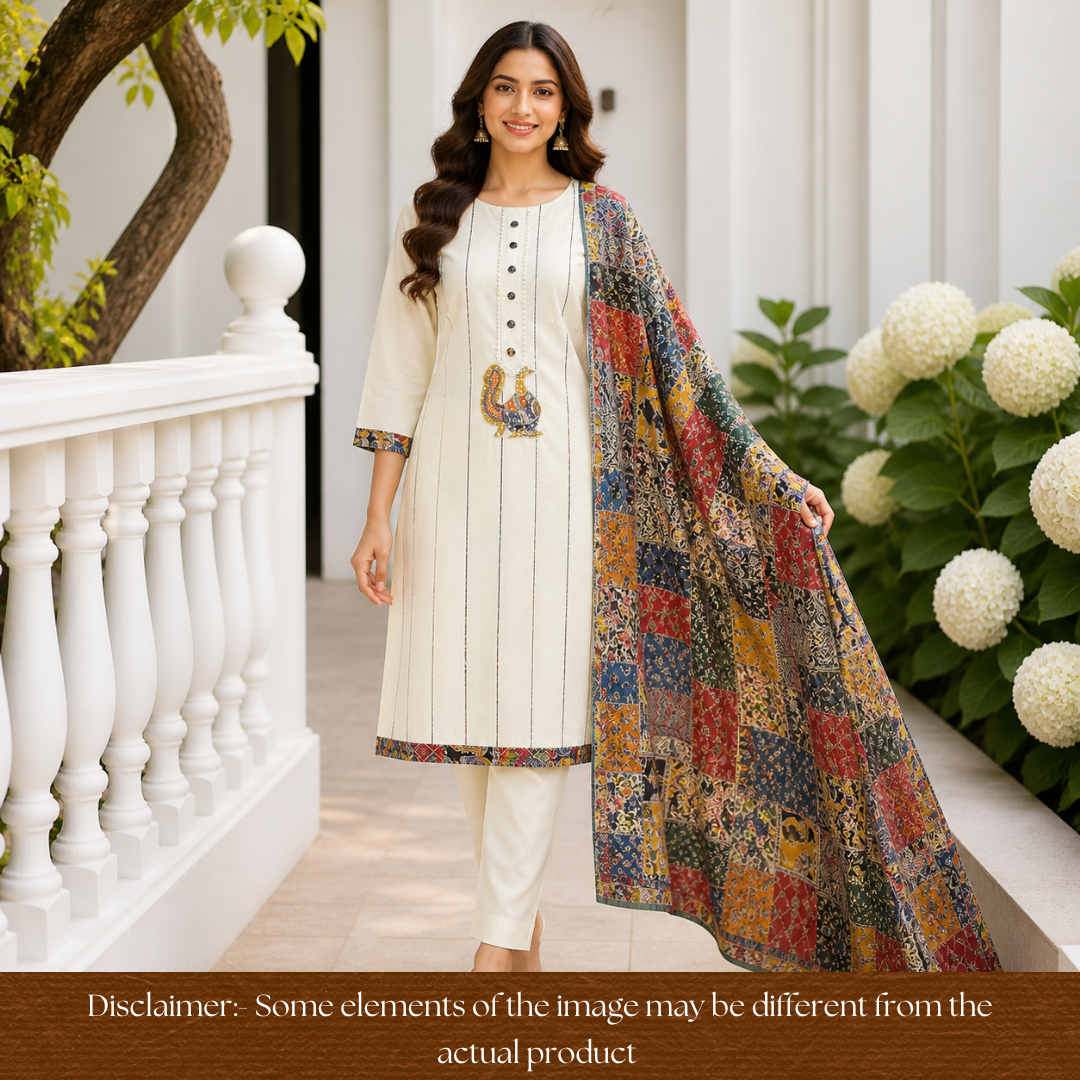 Shakshi Beige Button with Moti work Side Pintuck Cotton Set