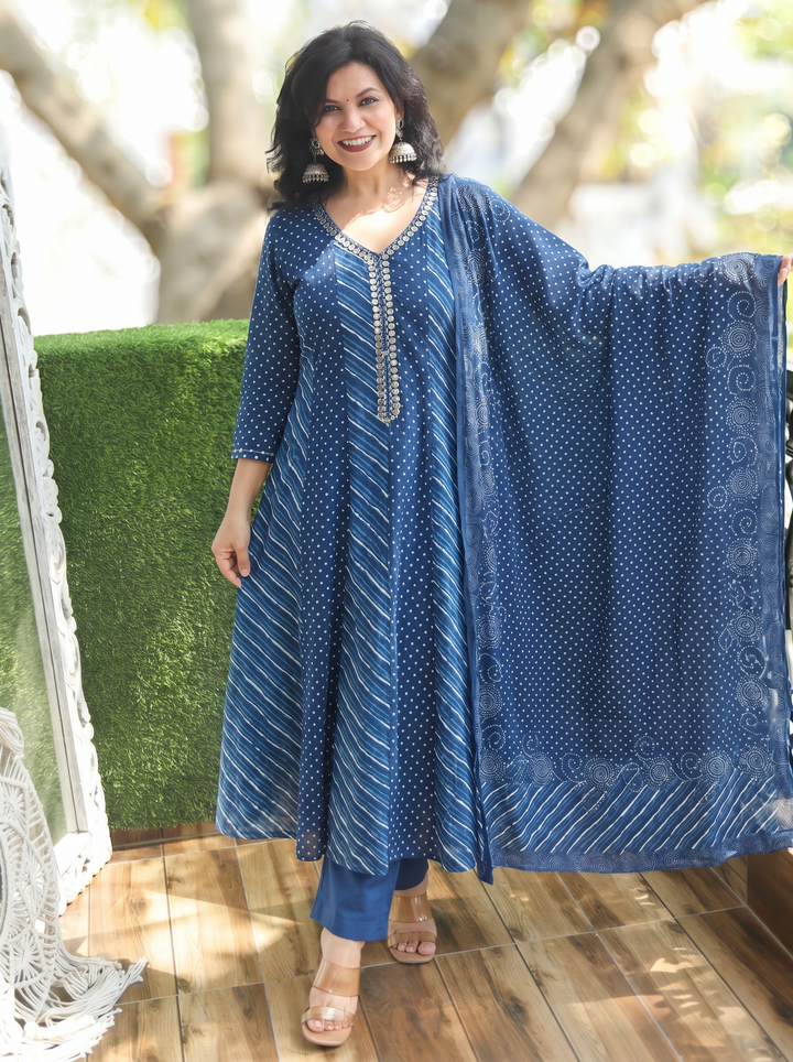 Morni Prussian Navy Leheriya Mul Cotton 3 Piece Set