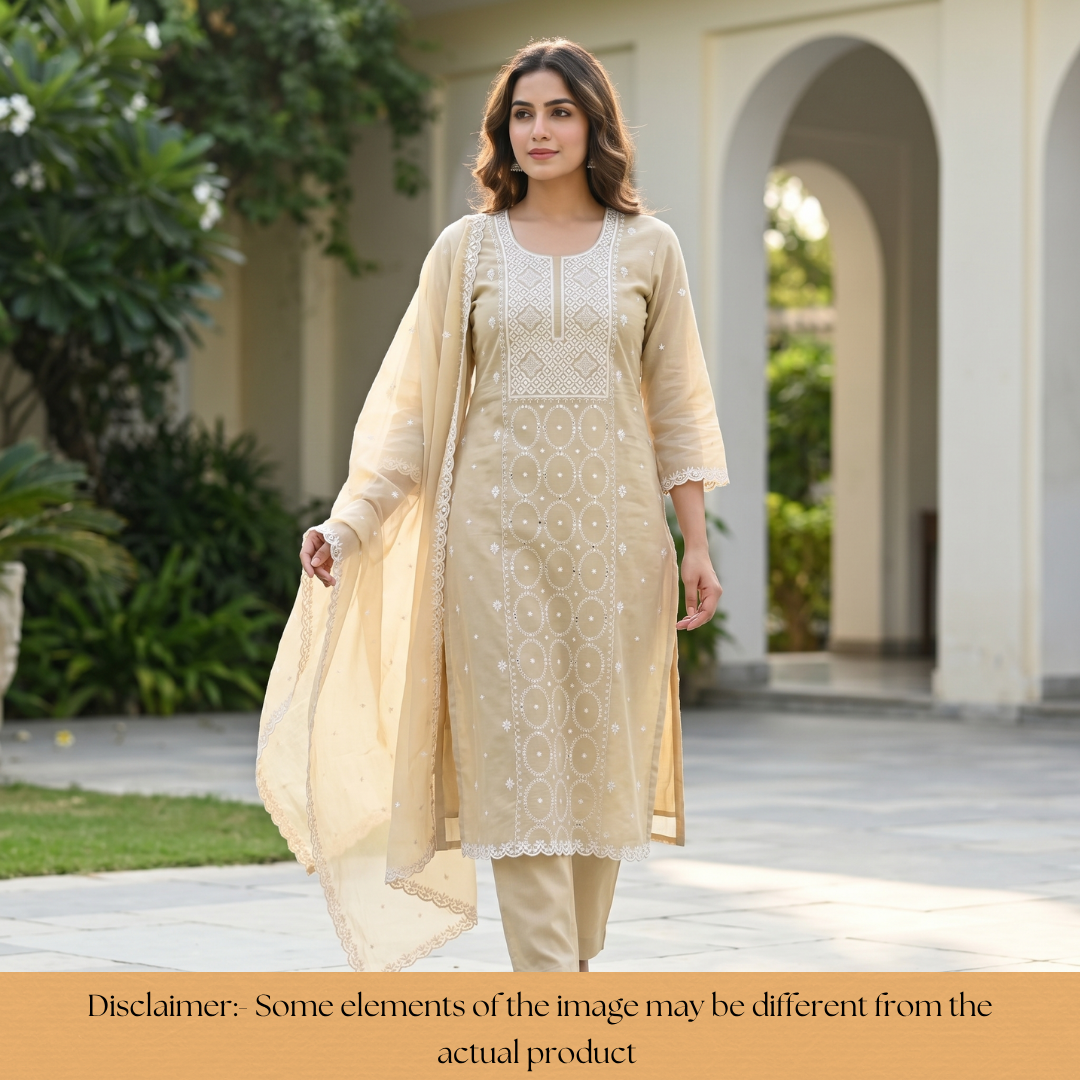 Vamika Sand Beige Embroidered with Patra Panel Mul Chanderi Set