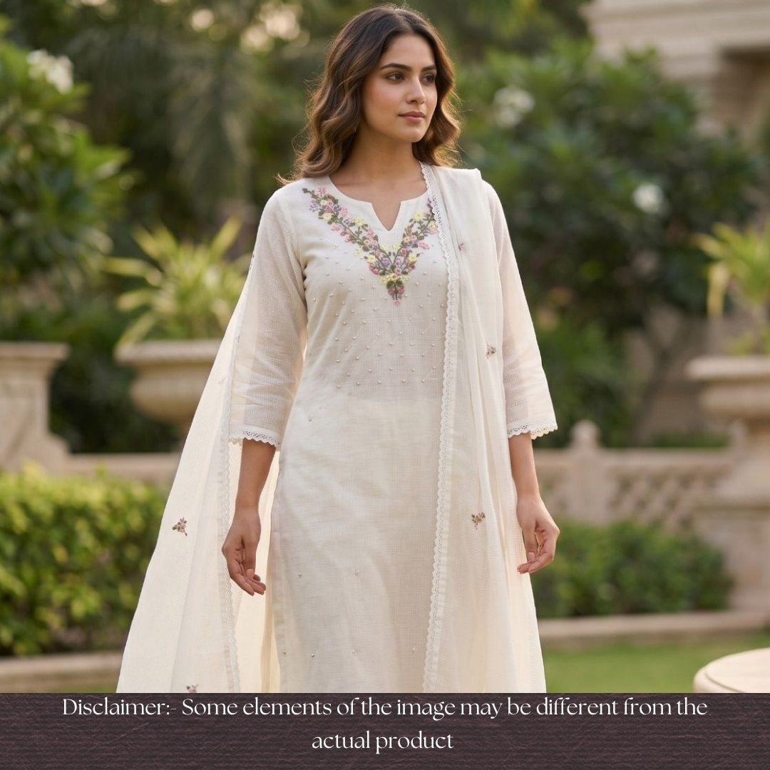 Brishta White Kolkata Hand Embriodered Kota Doriya Set