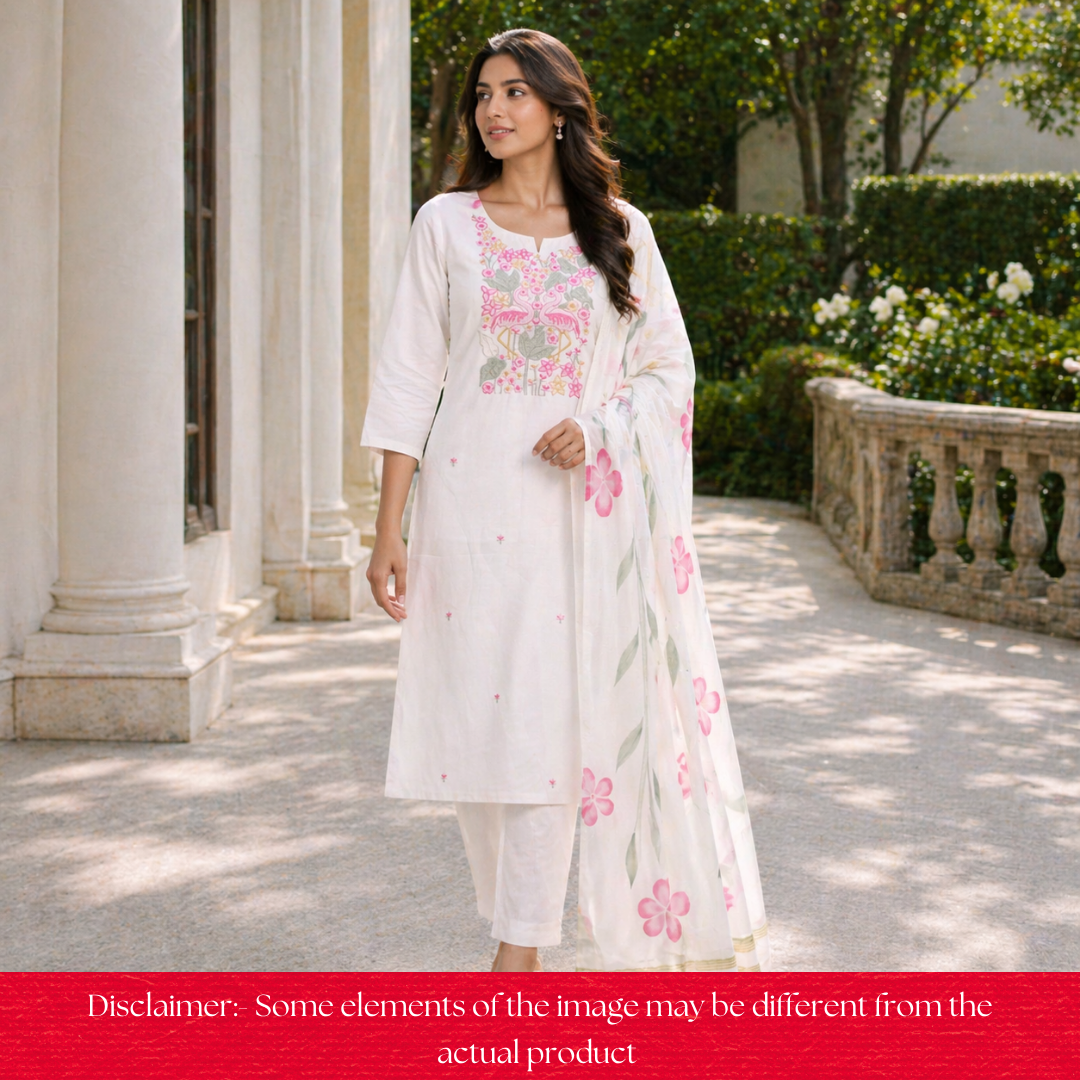Patrani Swan White with Bird Emboirdered Neck Work Modal Suit Set