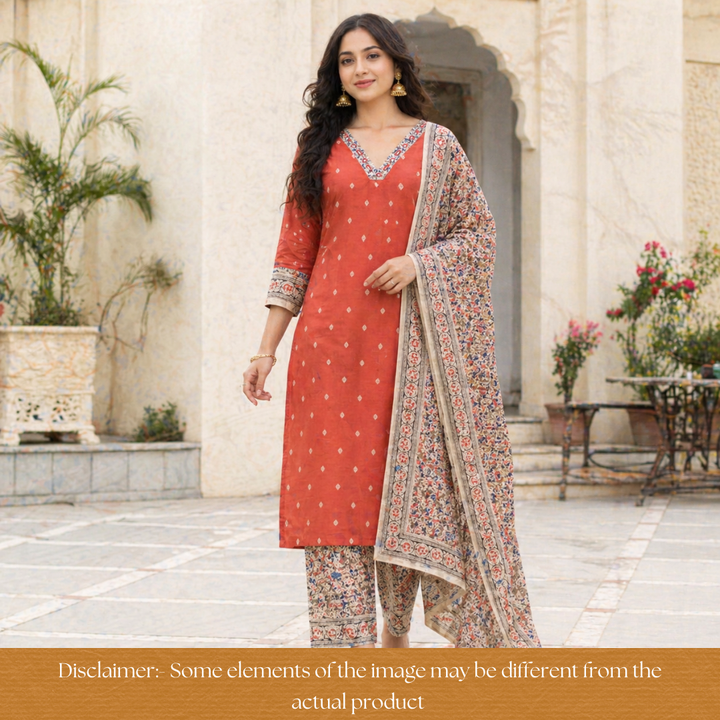 Rushna Rust Orange Kalamkari V Patch Thread Weaved Cotton Set