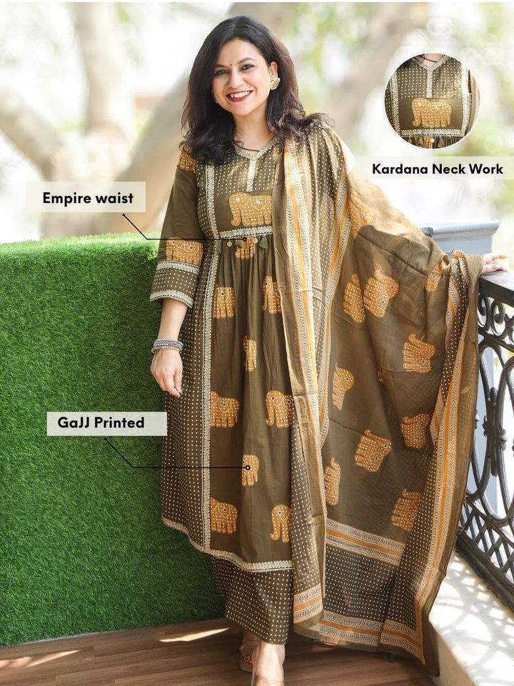 Pankhudi Olive Green Kardana Embellish Neckline Gajj Printed Cotton 3 Piece Set