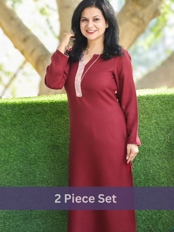 Saanchi Maroon Round Neck Patch with Piping Semi Pashmina Winter 2 Piece Set
