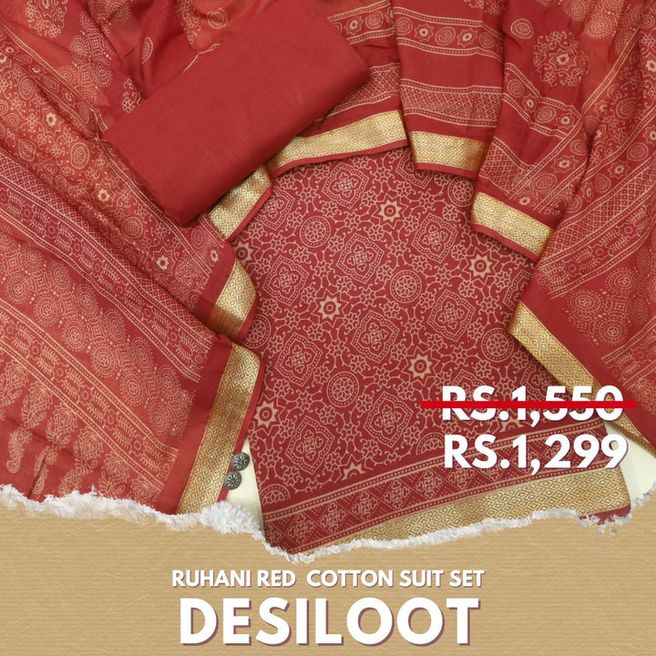 Ruhani Red Printed with Mangalgiri Hem Jam Cotton Top Suit Set