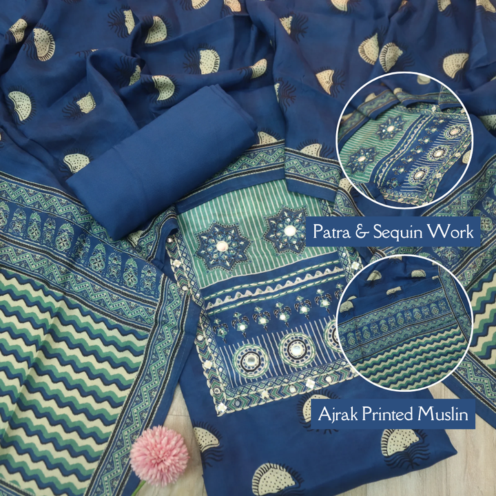 Newari Cerulean Blue All Over Ajrak Printed Muslin Suit Set