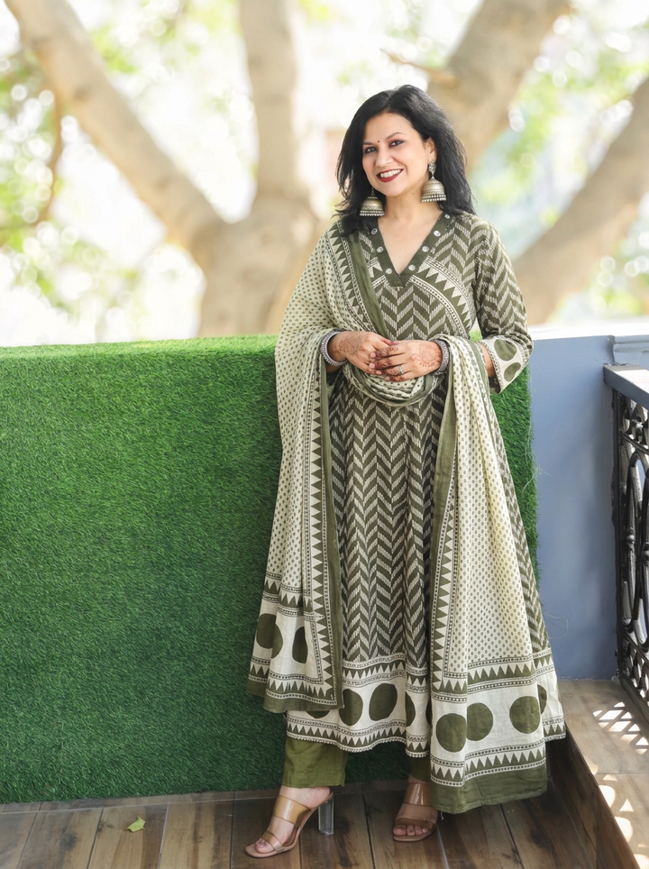 Rishika Fern Green Moti Work Anarkali Cotton 3 Piece Set