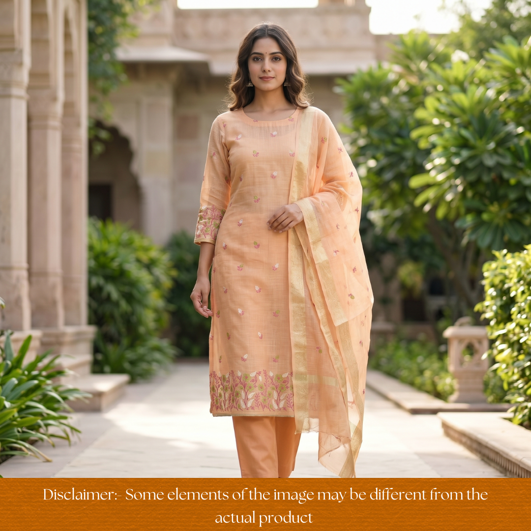 Radhi Pastel Peach Embroidered Hem Shimmer Tissue Linen Set