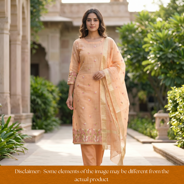 Radhi Pastel Peach Embroidered Hem Shimmer Tissue Linen Set